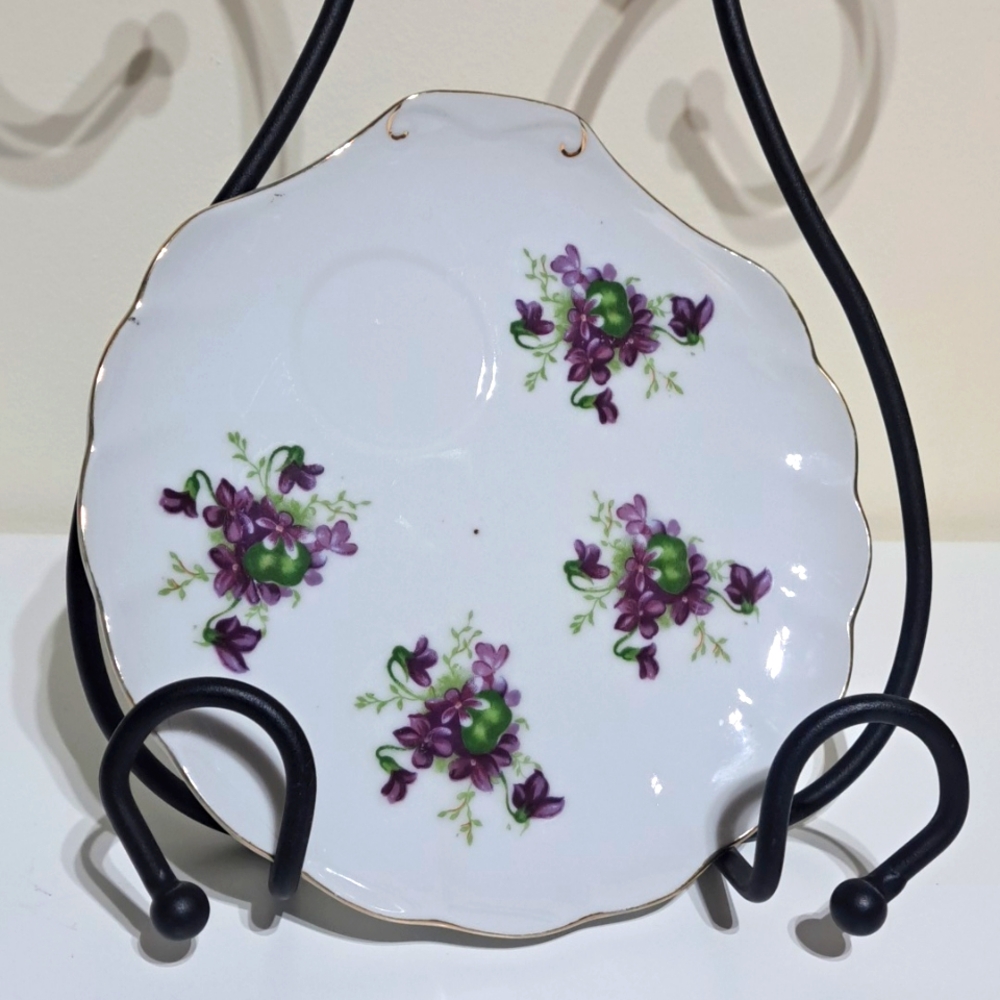 1950s Lefton Shell Snack Tray - Purple Floral Seashell Saucer - Set of 2